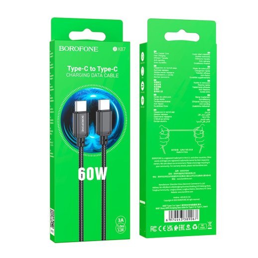 USB-C кабель BOROFONE BX87 Sharp 60W плетений нейлон Type-C to Type-C, чорний