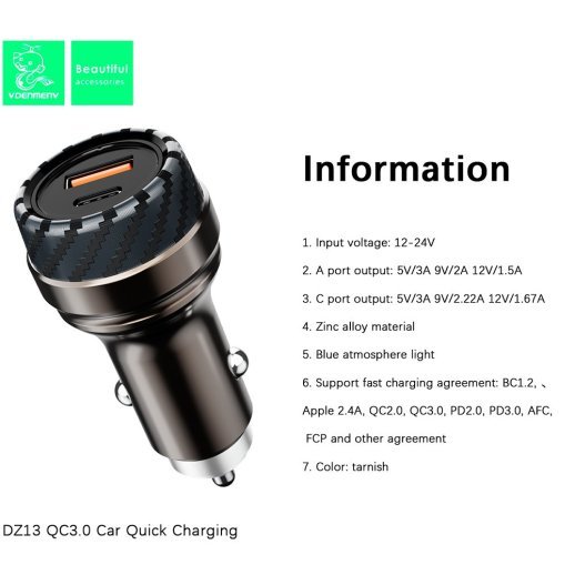 Автомобільний зарядний пристрій DENMEN DZ13 3.1A TYPE-C PD 18W + USB QC3.0