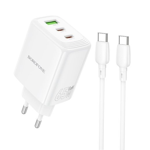 Мережевий зарядний пристрій BOROFONE BN32 PD 65W (2×USB-C + 1×USB-A) + кабель Type-C - Type-C, EU