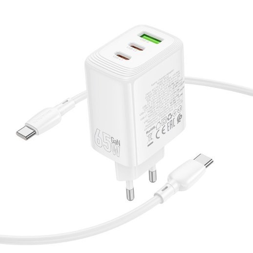Мережевий зарядний пристрій BOROFONE BN32 PD 65W (2×USB-C + 1×USB-A) + кабель Type-C - Type-C, EU