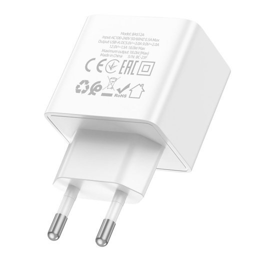 Мережевий зарядний пристрій BOROFONE BAS12A Erudite USB QC3.0 18W, білий
