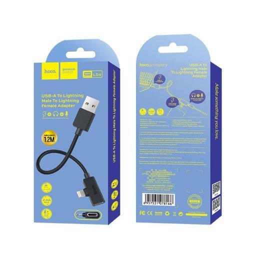 USB Кабель HOCO LS9 2in1 + переходник USB - Lightning + Lightning Audio (1.2M) (30pc) (черный)