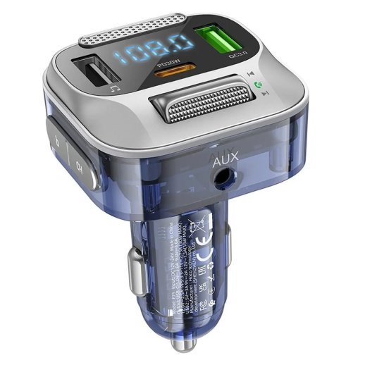 FM трансмітер HOCO E75 Bluetooth з швидкою зарядкою USB-C PD 30W + 1USB QC3.0 18W + 1USB FLASH з гучним зв'язком СИНIЙ