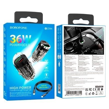 Автомобільний зарядний пристрій BOROFONE BZ29A PD 36W TYPE-C / USB QC3.0 + кабель TYPE-C - TYPE-C чорний
