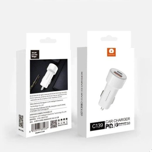 Автомобільний зарядний пристрій WUW C139 TYPE-C PD + USB QC3.0 БІЛИЙ