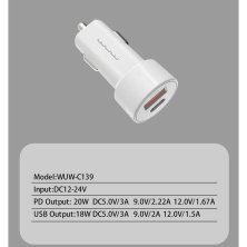 Автомобільний зарядний пристрій WUW C139 TYPE-C PD + USB QC3.0 БІЛИЙ