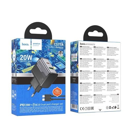Мережевий зарядний пристрій HOCO CS71A TYPE-C PD 20W + USB QC 3.0 + КАБЕЛЬ TYPE-C - TYPE-C, чорний