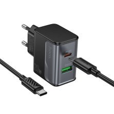 Мережевий зарядний пристрій HOCO CS71A TYPE-C PD 20W + USB QC 3.0 + КАБЕЛЬ TYPE-C - TYPE-C, чорний