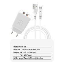 Мережевий зарядний пристрій WUW T55 2USB 3.1A + USB Micro-USB 2.4A БІЛИЙ (70)