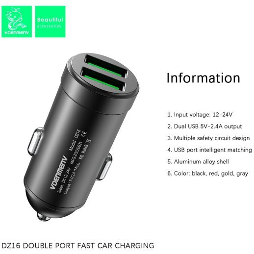 Автомобільний зарядний пристрій DENMEN DZ16 2.4A 2USB