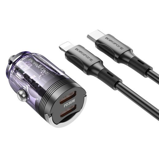 Автомобільний зарядний пристрій BOROFONE BZ29B PD 36W 2 TYPE-C + кабель TYPE-C - LIGHTNING, ФІОЛЕТОВИЙ