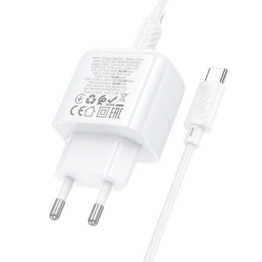 Мережевий зарядний пристрій HOCO CS55A TYPE-C PD 30W / USB QC 3.0+ кабель TYPE-C - TYPE-C, білий