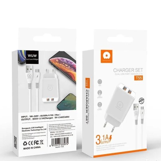 Мережевий зарядний пристрій WUW T55 2USB 3.1A + USB Type-C 2.4A БІЛИЙ (70)