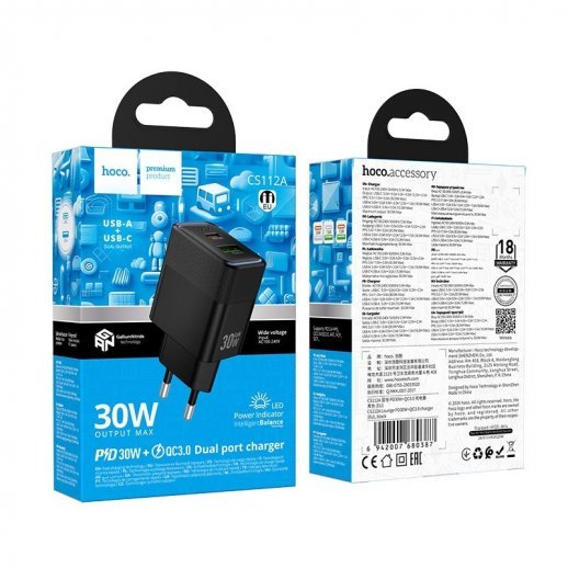 Мережевий зарядний пристрій HOCO CS112A TYPE-C PD 30W + USB QC 3.0, чорний