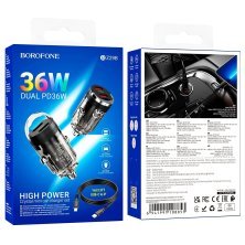 Автомобільний зарядний пристрій BOROFONE BZ29B PD 36W 2 TYPE-C + кабель TYPE-C - LIGHTNING, чорний
