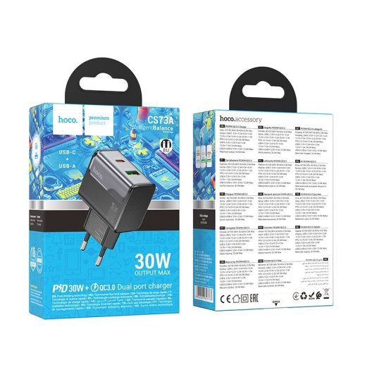 Мережевий зарядний пристрій HOCO CS73A TYPE-C PD 30W + USB QC 3.0, чорний