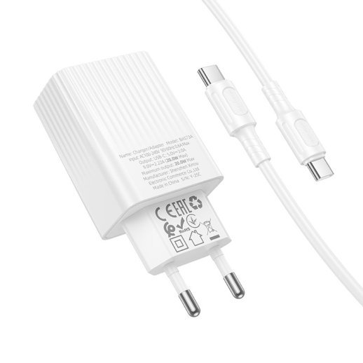 Мережевий зарядний пристрій BOROFONE BAS73A PD 20W USB-C + кабель TYPE-C - TYPE-C, білий