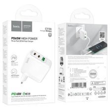 Мережевий зарядний пристрій HOCO C115A 65W PD 2*TYPE-C + USB QC3.0, БІЛИЙ