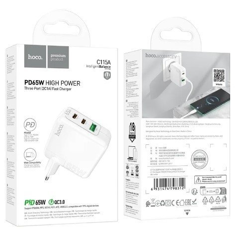 Мережевий зарядний пристрій HOCO C115A 65W PD 2*TYPE-C + USB QC3.0, БІЛИЙ