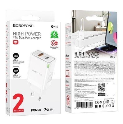 Мережевий зарядний пристрій BOROFONE BN16 PD 45W USB-C + USB-A QC 3.0 18W