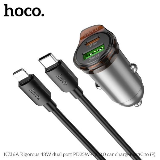 Автомобільний зарядний пристрій HOCO NZ16A Rigorous 43W PD25W + QC3.0 з кабелем Type-C to Lightning, чорний