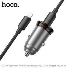 Автомобільний зарядний пристрій HOCO NZ16A Rigorous 43W PD25W + QC3.0 з кабелем Type-C to Lightning, чорний