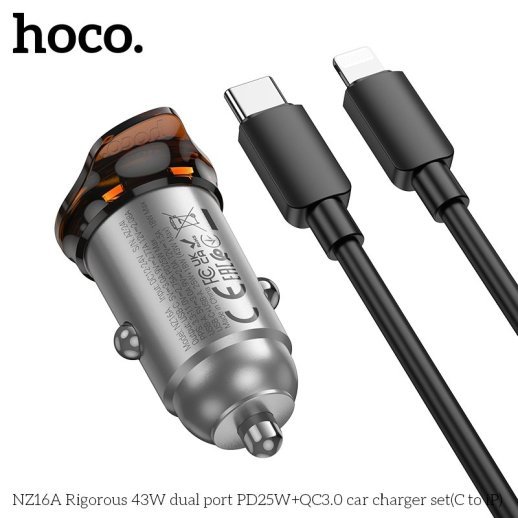 Автомобільний зарядний пристрій HOCO NZ16A Rigorous 43W PD25W + QC3.0 з кабелем Type-C to Lightning, чорний