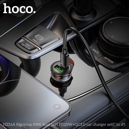 Автомобільний зарядний пристрій HOCO NZ16A Rigorous 43W PD25W + QC3.0 з кабелем Type-C to Lightning, чорний