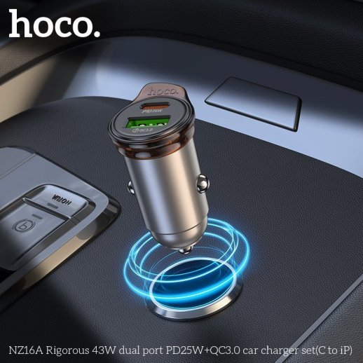 Автомобільний зарядний пристрій HOCO NZ16A Rigorous 43W PD25W + QC3.0 з кабелем Type-C to Lightning, чорний