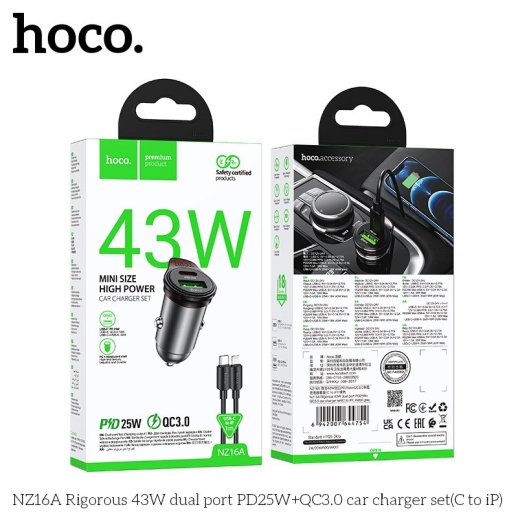 Автомобільний зарядний пристрій HOCO NZ16A Rigorous 43W PD25W + QC3.0 з кабелем Type-C to Lightning, чорний