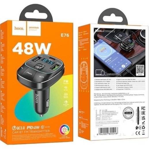 FM трансмітер HOCO E76 Bluetooth з гучним зв'язком ЧОРНИЙ