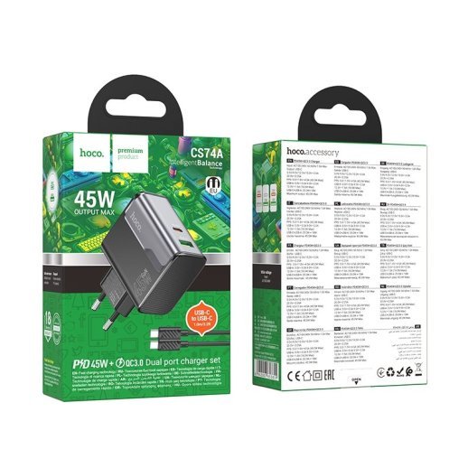 Мережевий зарядний пристрій HOCO CS74A TYPE-C PD 45W + USB QC 3.0 + КАБЕЛЬ TYPE-C - TYPE-C, чорний