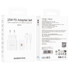 Сетевое зарядное устройство Borofone BA82A PD25W Type-C + кабель Type-C - Lightning, белый