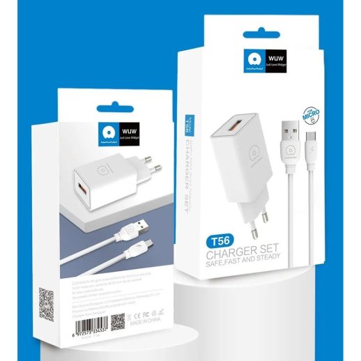 Мережевий зарядний пристрій WUW T56 2.4A + USB Micro-USB БІЛИЙ