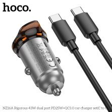 Автомобільний зарядний пристрій HOCO NZ16A Rigorous 43W PD25W + QC3.0 з кабелем Type-C to Type-C, сірий