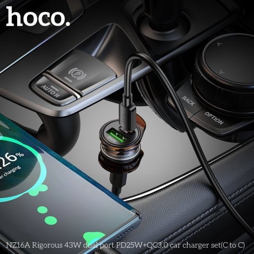 Автомобільний зарядний пристрій HOCO NZ16A Rigorous 43W PD25W + QC3.0 з кабелем Type-C to Type-C, сірий