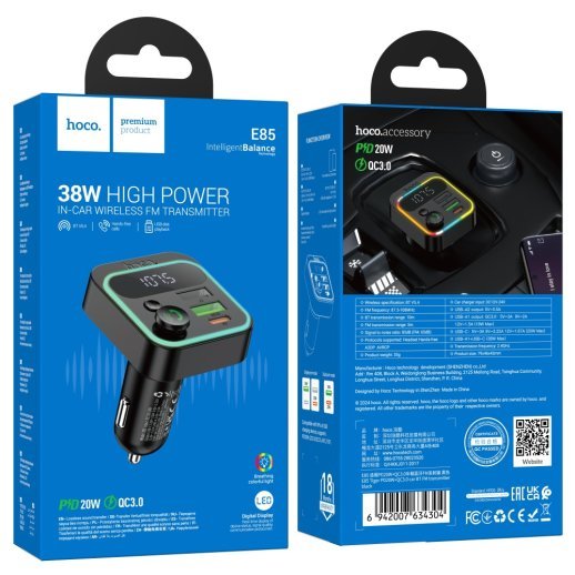 FM-трансмітер HOCO E85 Tiger PD20W + QC3.0 Bluetooth 5.4 (чорний)