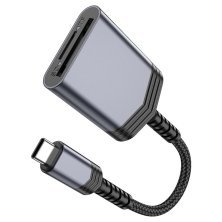 OTG картрідер HOCO UA25 2в1 Type-C (штекер)  -  SD / TF (гнізда), 19 см, сірий