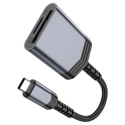 OTG картрідер HOCO UA25 2в1 Type-C (штекер)  -  SD / TF (гнізда), 19 см, сірий
