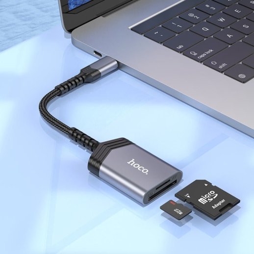OTG картрідер HOCO UA25 2в1 Type-C (штекер)  -  SD / TF (гнізда), 19 см, сірий