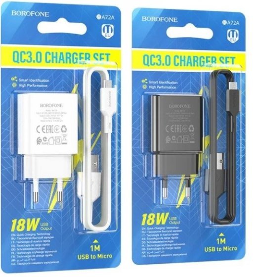 Мережевий зарядний пристрій Borofone BA72A USB QC3.0 + кабель USB - MicroUSB, білий