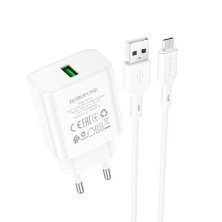 Мережевий зарядний пристрій Borofone BA72A USB QC3.0 + кабель USB - MicroUSB, білий
