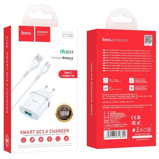 Мережевий зарядний пристрій HOCO C12Q SMART USB QC3.0 + кабель USB - TYPE-C, БІЛИЙ