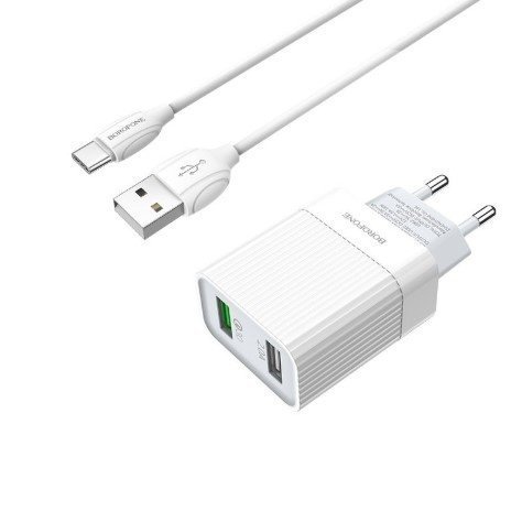 Мережевий зарядний пристрій BOROFONE BA39A 2 USB QC3.0 + кабель USB - TYPE-C бiлий