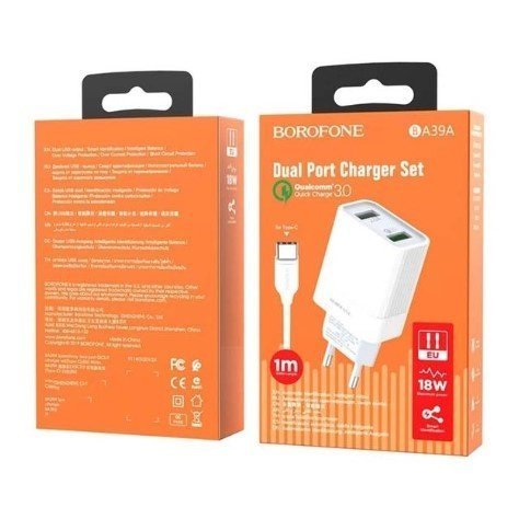 Мережевий зарядний пристрій BOROFONE BA39A 2 USB QC3.0 + кабель USB - TYPE-C бiлий