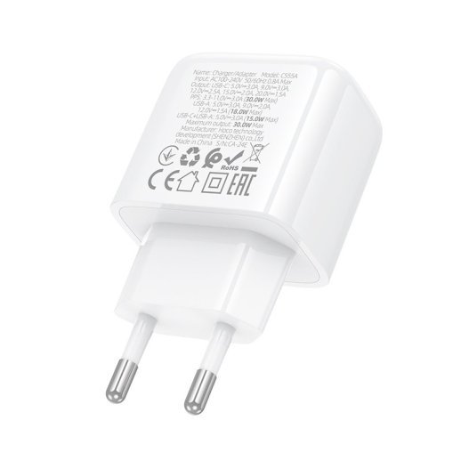 Мережевий зарядний пристрій HOCO CS55A TYPE-C PD 30W + USB QC 3.0, білий