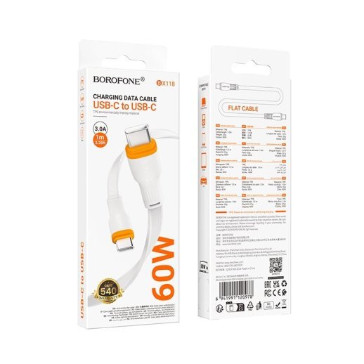 USB-C кабель BOROFONE BX118 Esplendido Type-C - Type-C 60W, 3A, 1 метр, білий