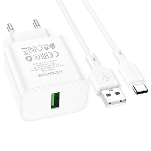 Мережевий зарядний пристрій Borofone BA72A USB QC3.0 + кабель USB - Type-C, білий