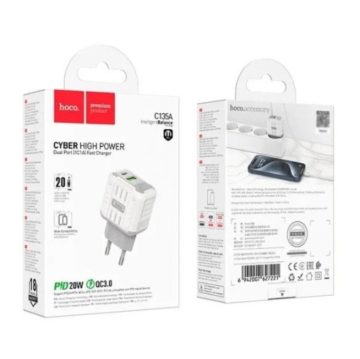 Мережевий зарядний пристрій HOCO C135A TYPE-C PD 20W + USB QC 3.0, білий