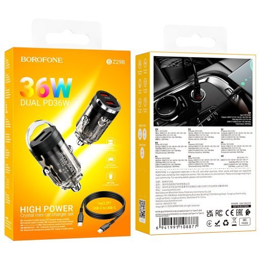 Автомобільний зарядний пристрій BOROFONE BZ29B PD 36W 2 TYPE-C + кабель TYPE-C - TYPE-C, чорний